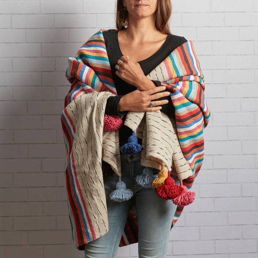 Rainbow Stripe Cotton Blanket with Tassels