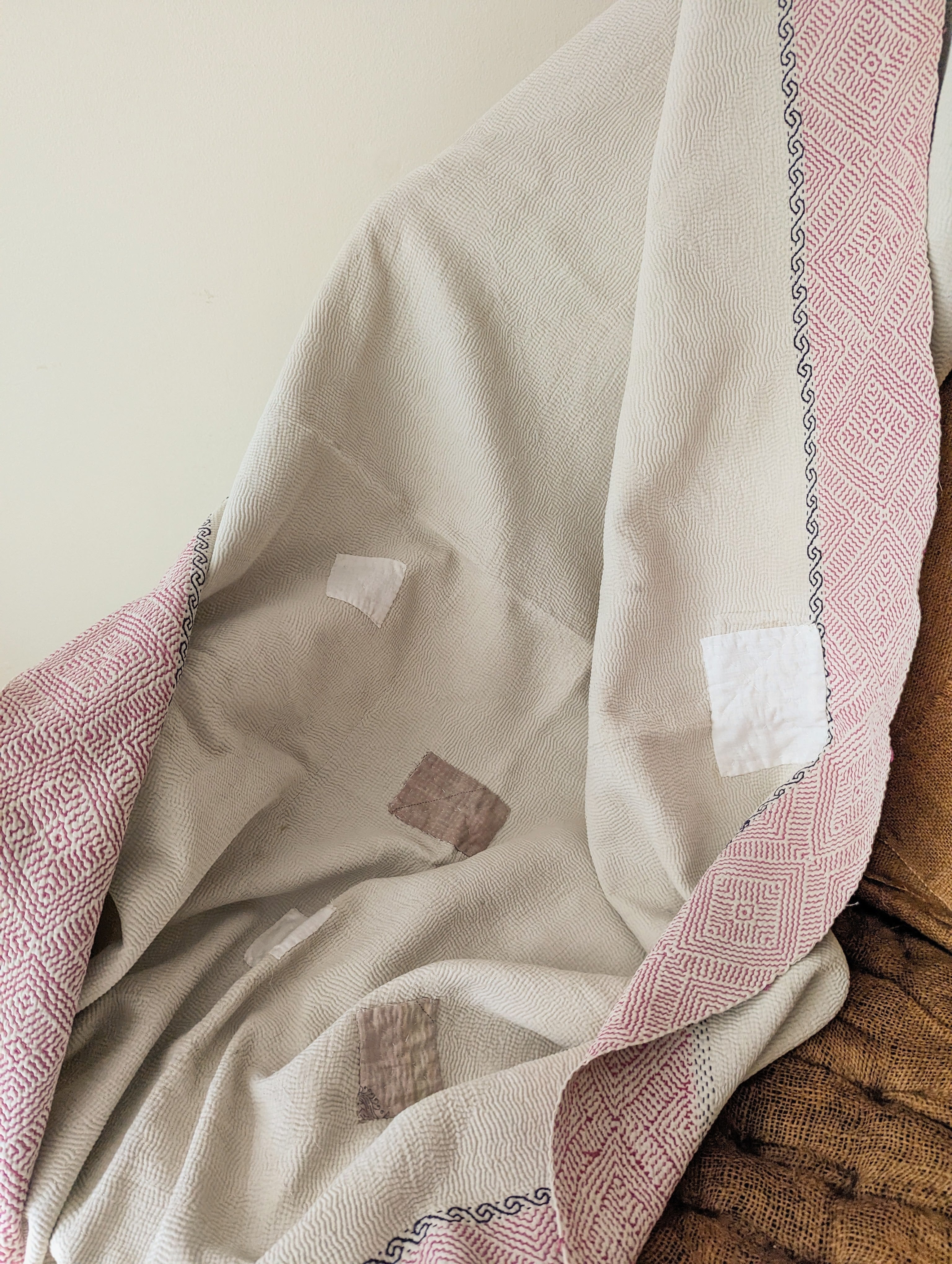 Vintage Kantha Throw Blanket - Pink Border