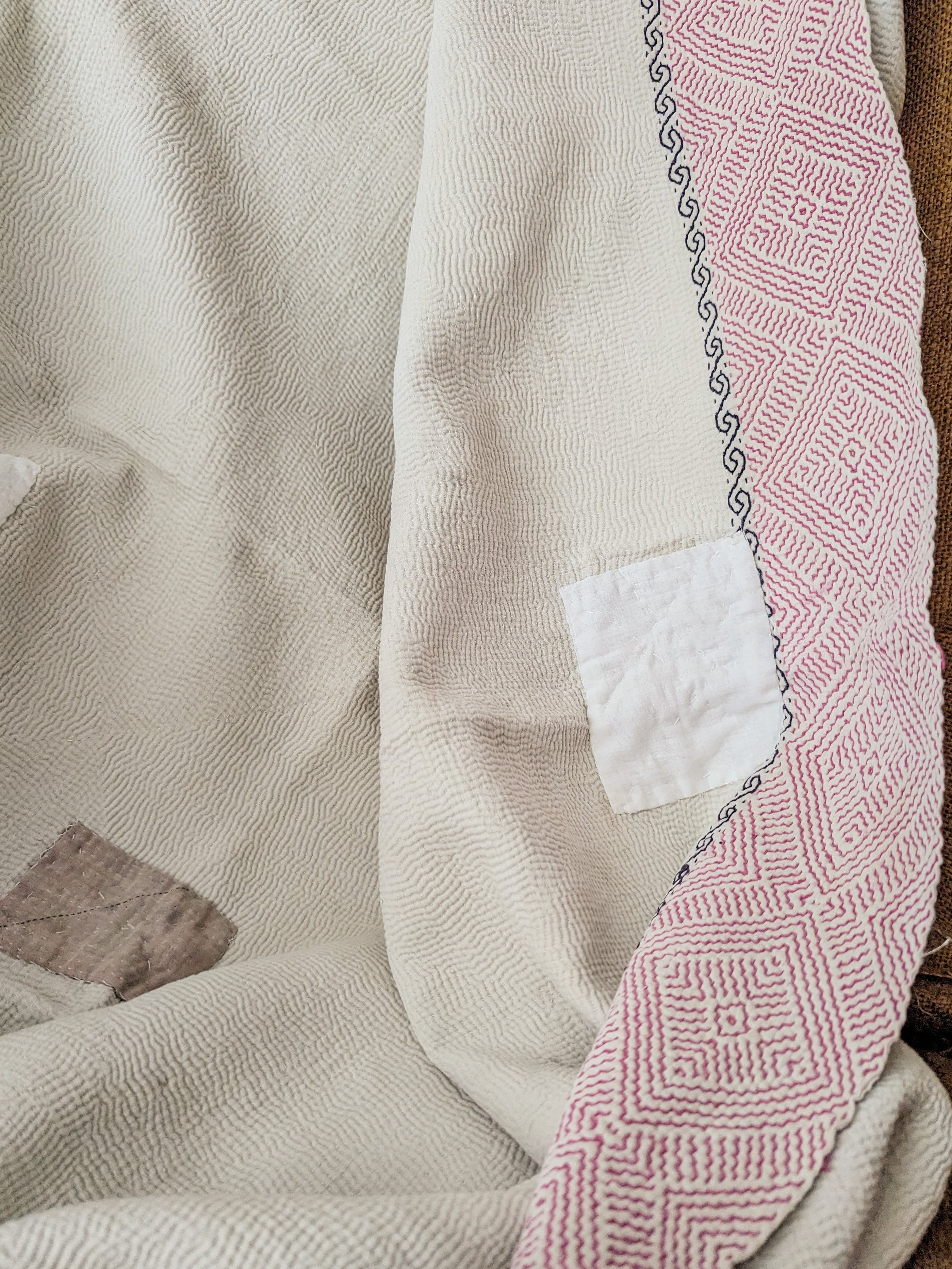 Vintage Kantha Throw Blanket - Pink Border